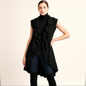 ALICE + OLIVIA Black Ruffled Cashmere Angora Long Sweater Open Vest